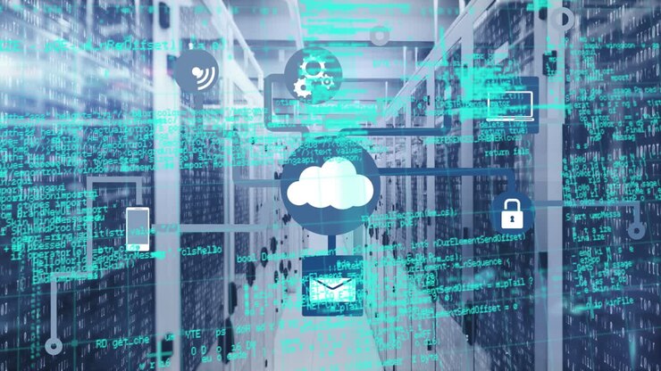 Animation of network of digital icons and data processing against computer server room