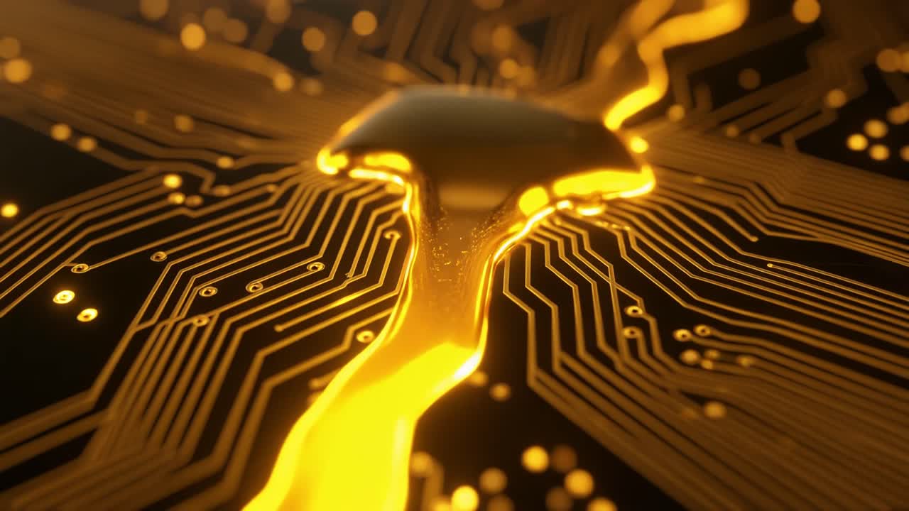 Glowing Golden Liquid Flowing on a Digital Circuit Board