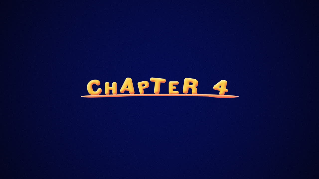Chapter 4 Wobbly gold yellow text Animation pop up effect on a dark blue background with texture
