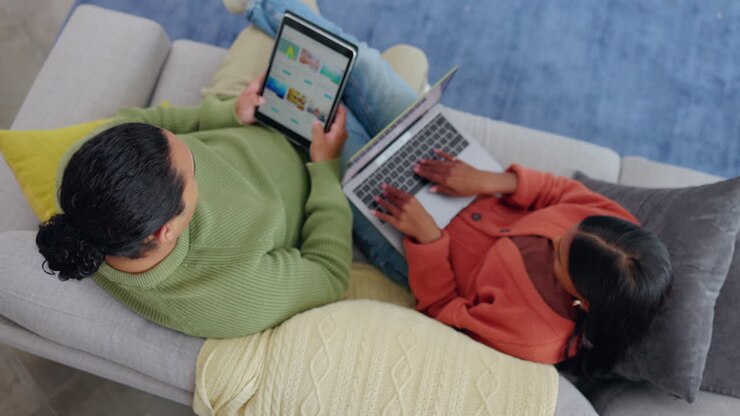 Above, remote work and a couple with laptop