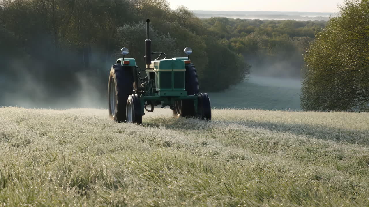 Green Tractor in a Misty, Dewy Field at Dawn