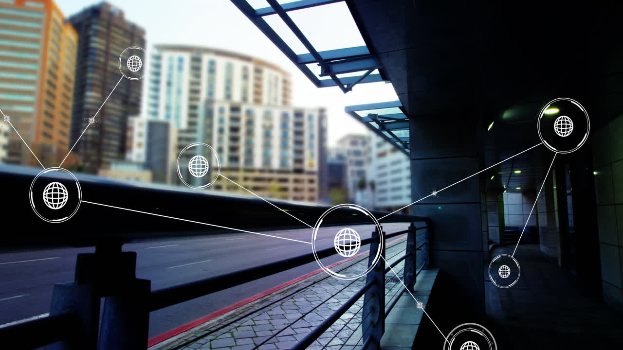 거리에 있는 자동차 위의 아이콘으로 연결된 네트워크의 애니메이션