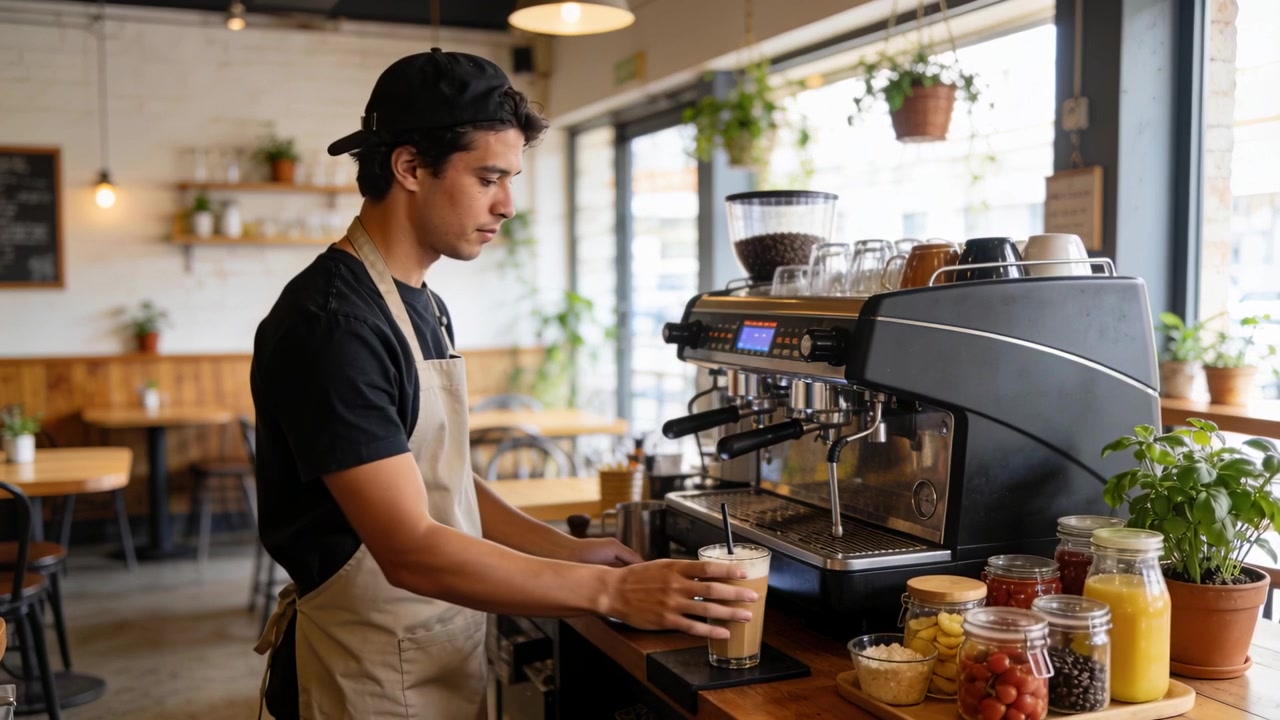 Un barista con grembiule beige che tocca il tablet per l'ordine, preparando un caffè freddo con una macchina da caffè espresso in un bar.