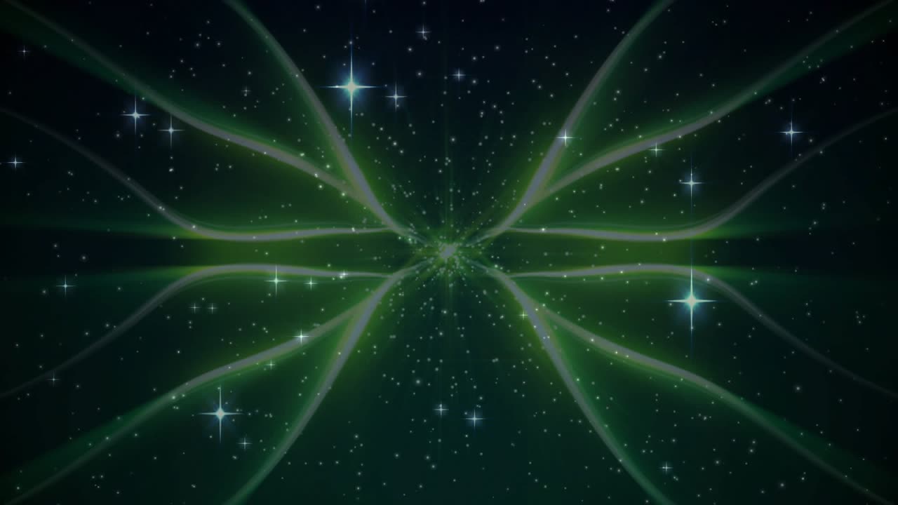 Un punto central emitiendo zarcillos verdes, estrellas centelleando por el cosmos mostrando convergencia de energía.