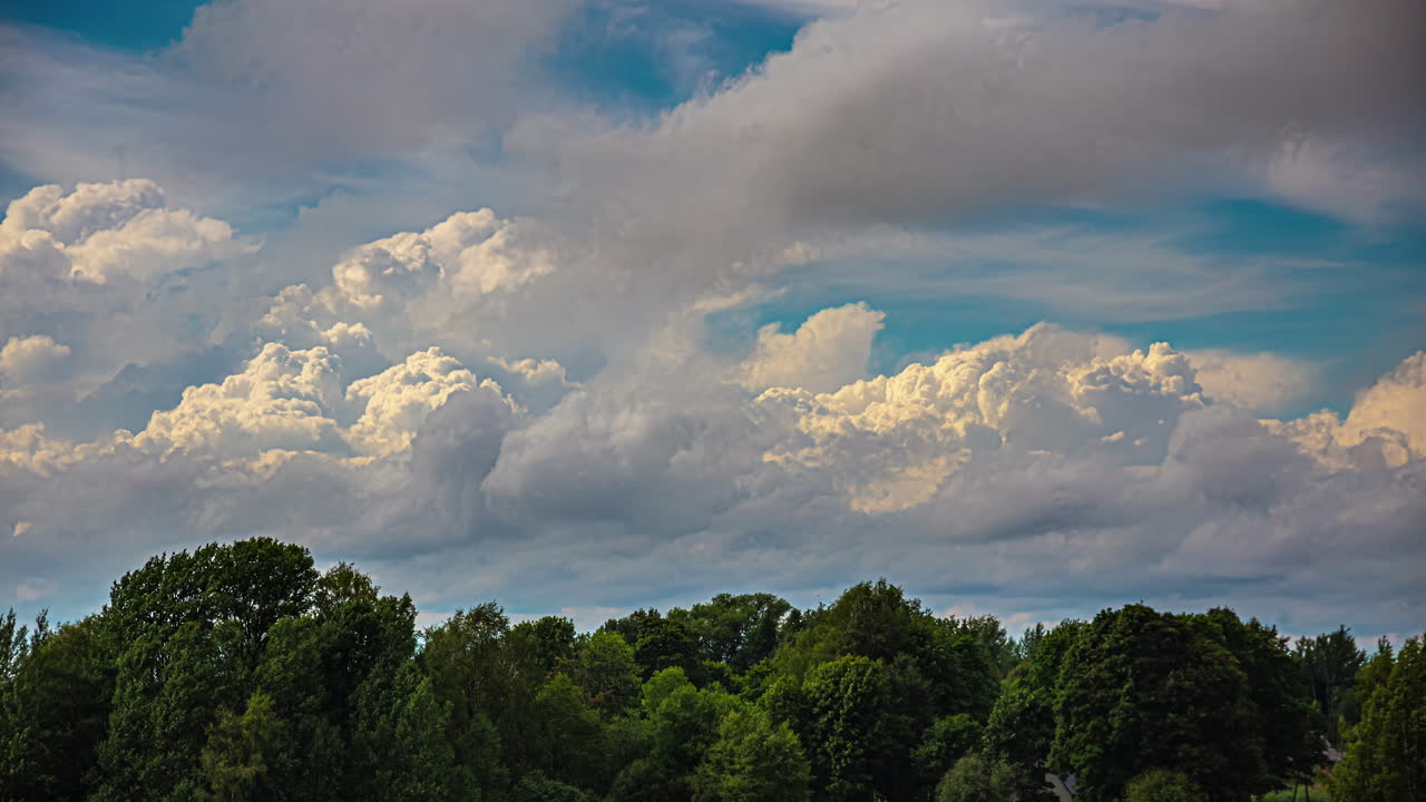 tiempo de la nube, árboles verdes, día soleado nublado brillante, nubes de varias capas, nubes cirrus, emergentes mágicas