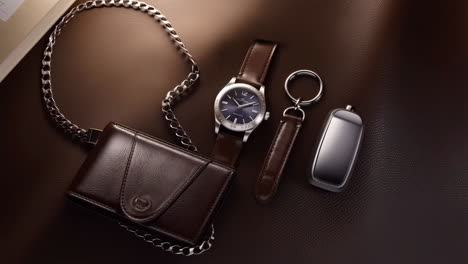 a collection of luxury everyday accessories including a watch, leather wallet, and car key fob