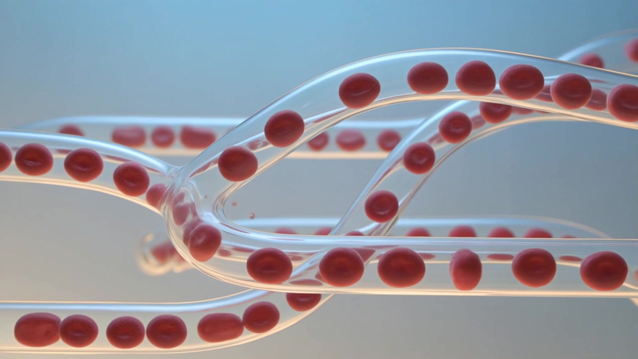 Playing, clear braided tubes carrying red beads through studio, passing junction for flow test