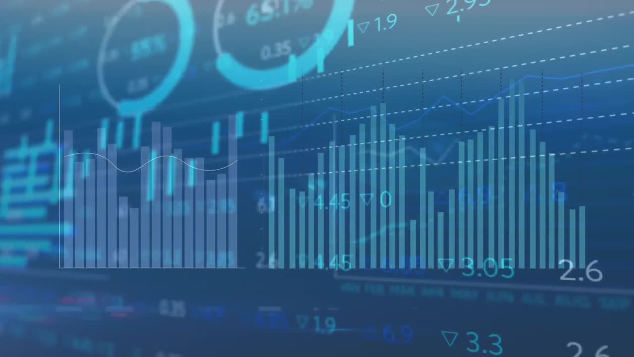 Animation of multiple graphs and trading board with lens flares over blue background