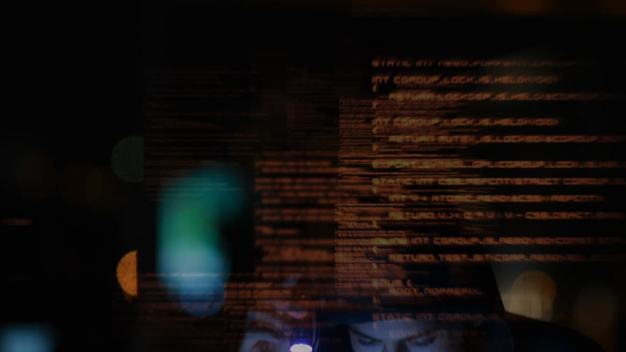 Hacker with flashlight and coding moves on the foreground