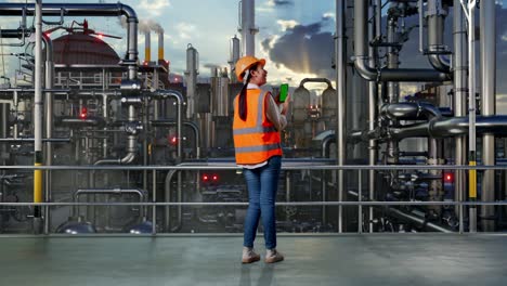 full body back view of asian female engineer with safety helmet working on a green screen smartphone and looking around in a refinery, oil processing equipment and machinery