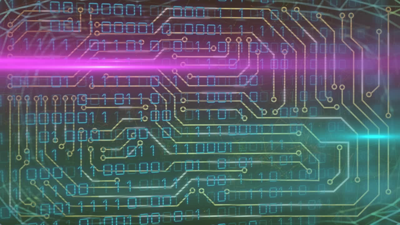 컴퓨터 회로판 위의 빛 트레일의 애니메이션과 검은 바탕의 데이터 처리