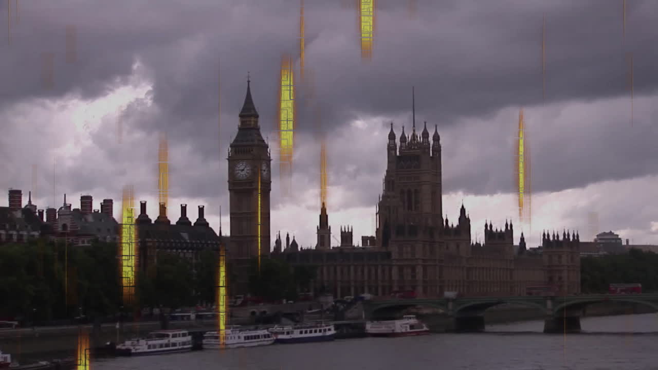 Big Ben and Westminster Palace with glowing vertical lines animation in cloudy sky