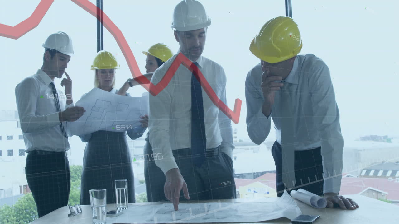 Animation of red line and data processing over diverse architects with plans in office