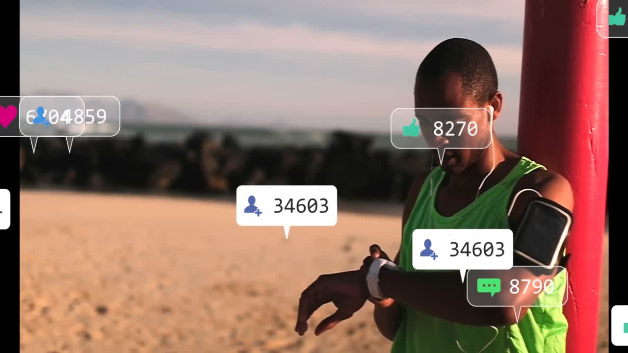 Animazione di icone e numeri dei social media su banner, su sportivo che usa lo smartwatch