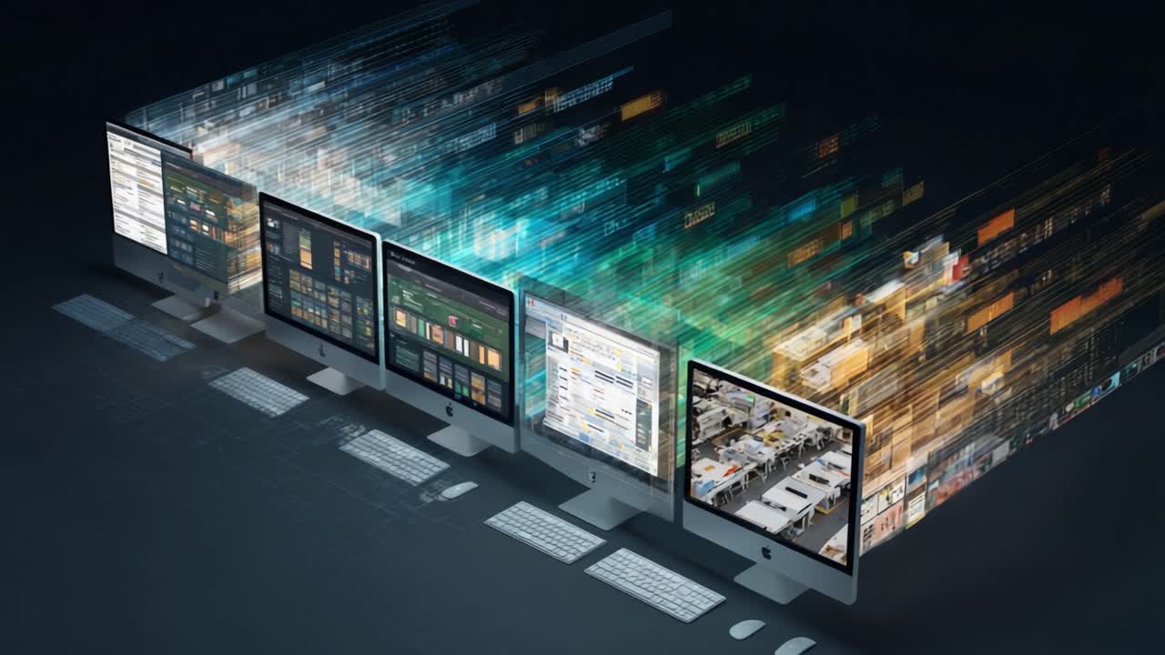 Futuristic Digital Interface: A Multi-Screen Display Representing Data Flow and Streaming with Multiple Monitors Showcasing Vibrant Visuals and Abstract Processing in a High-Tech Environment