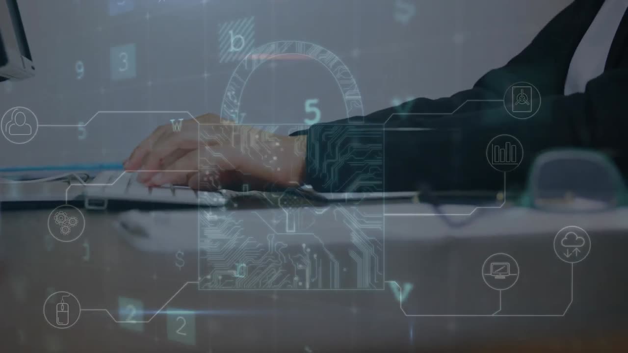 Animation of cyber attack warning over man using computer