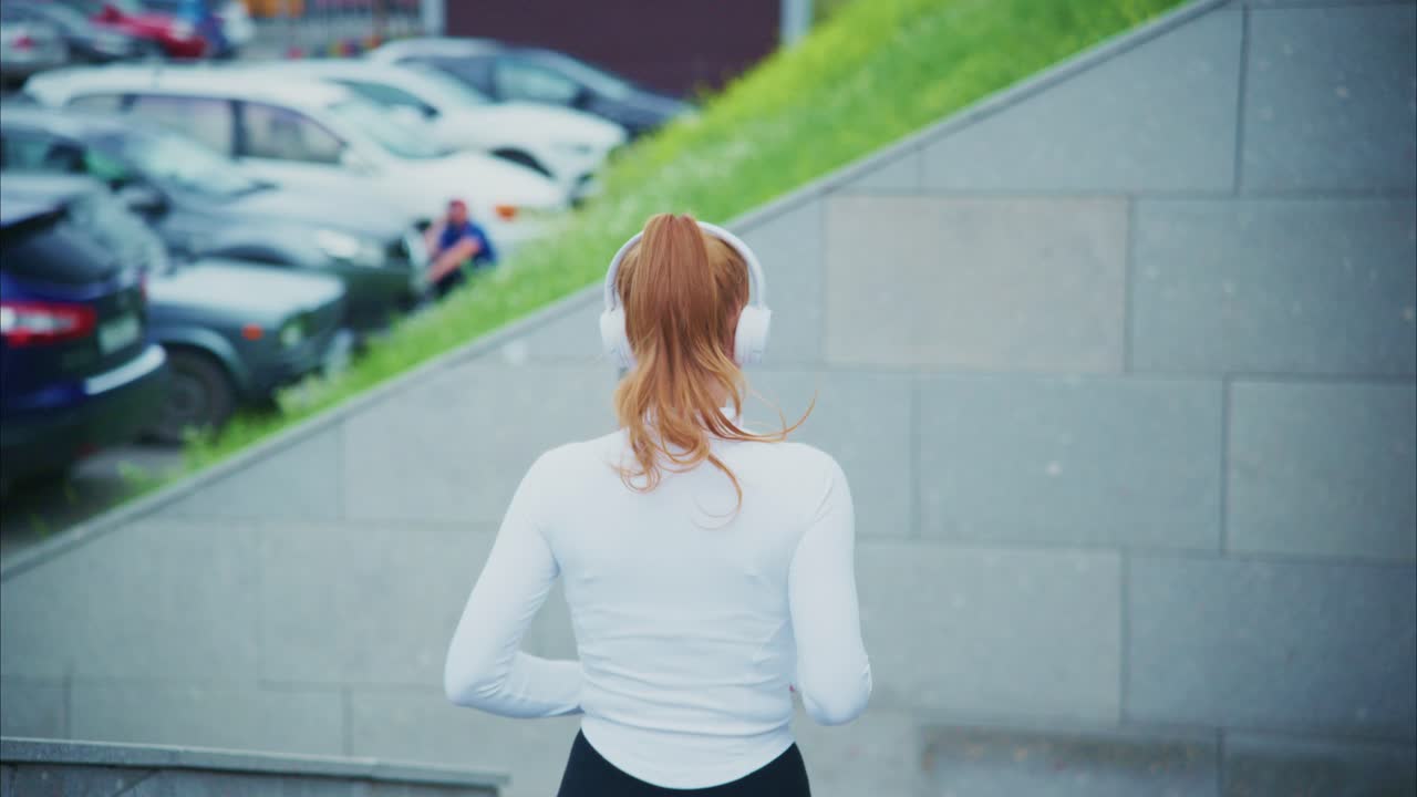 Woman running with headphones in an urban setting