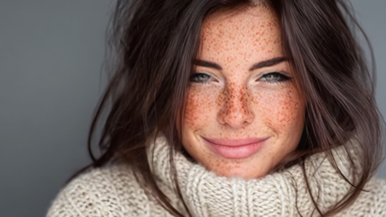 Captivating Portrait of a Smiling Woman with Freckles Wearing a Cozy Sweater, Radiating Warmth and Genuine Happiness Against a Soft Gray Background