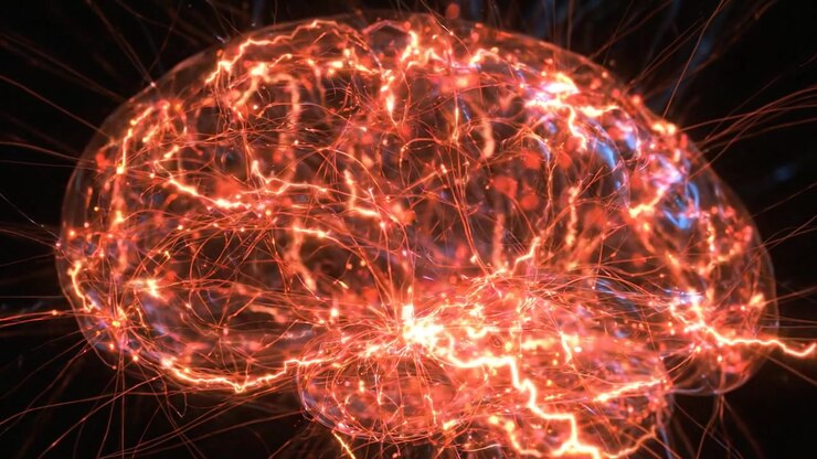 Rede Neural Laranja Brilhante se Espalhando por um Fundo Biológico Escuro
