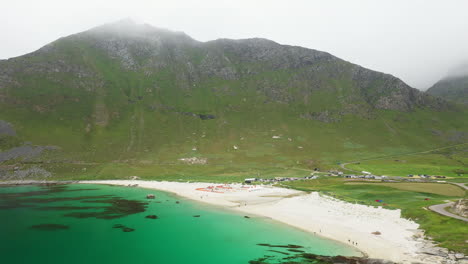 drone footage of vik beach and hauklandstranda norway, nordic coastlines aerial with turquoise blue water