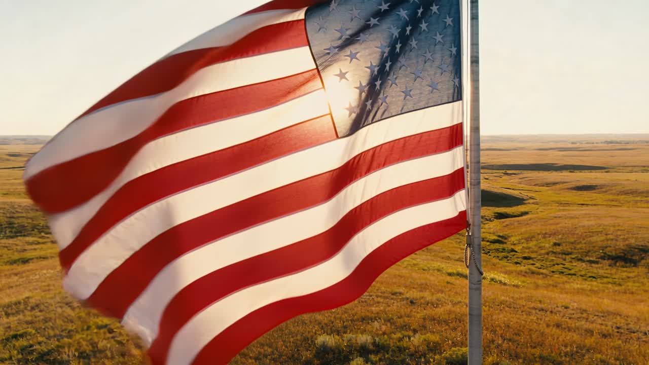 Blafrende amerikansk flag bølger fra vindstød over prærie, fanger lav sol nær stang.