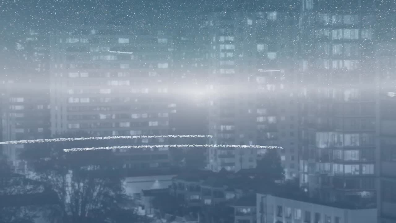 Animation of data processing over cityscape