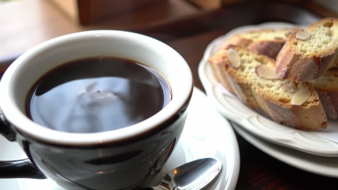 A Close-Up View of a Dark, Rich Coffee in an Elegant Black Cup Accompanied by a Plate of Delicious Almond Biscotti, Perfect for Any Coffee Lover