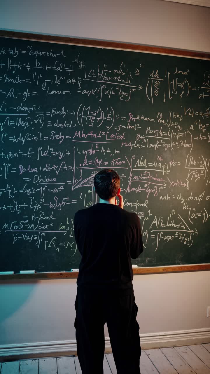 Una persona sta davanti a una lavagna piena di equazioni, vista da dietro