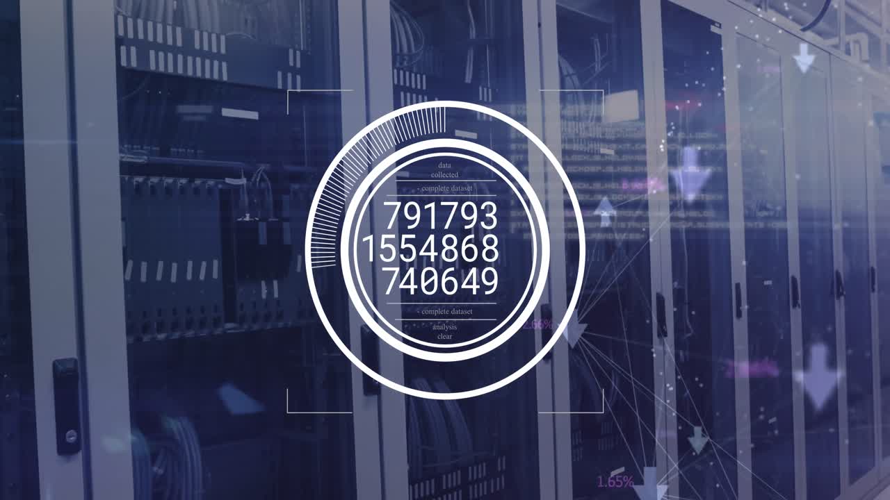 Animation of changing numbers over round scanner against computer server room