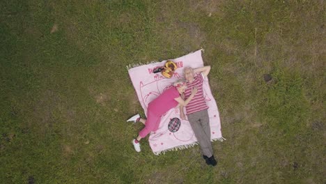 picnic familiar de fin de semana en el parque. vista aérea. una pareja de ancianos se acuestan en una manta en el prado de hierba verde