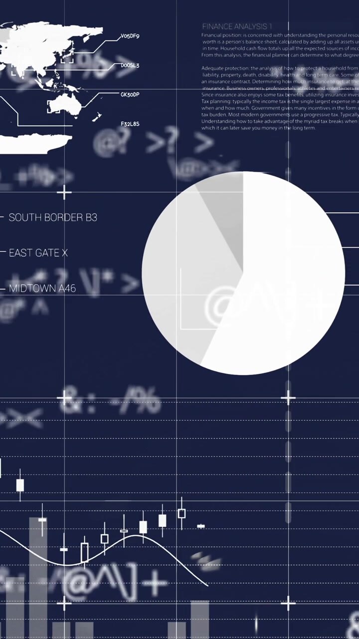 Finansiell dataanalyse og global statistikk-animasjon over mørkeblå bakgrunn
