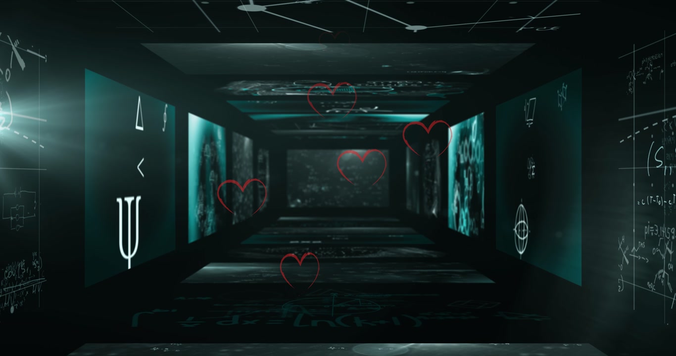 Multiple heart icons floating against multiple screens with data processing