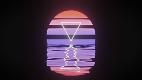 Animation-of-white-triangle-over-glowing-red-to-purple-circle-reflected-in-water