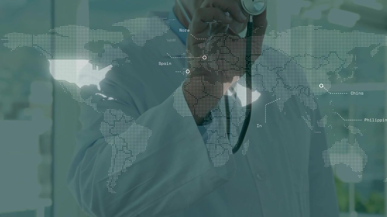 Mapa iluminando a América do Sul enquanto médico levanta o estetoscópio, girando para frente, mostrando saúde global.