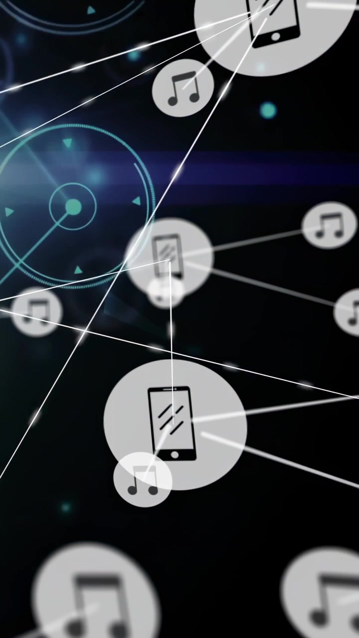 Vertical video: Icon cluster growing as streaks sweeping, forming tech network visual for designers
