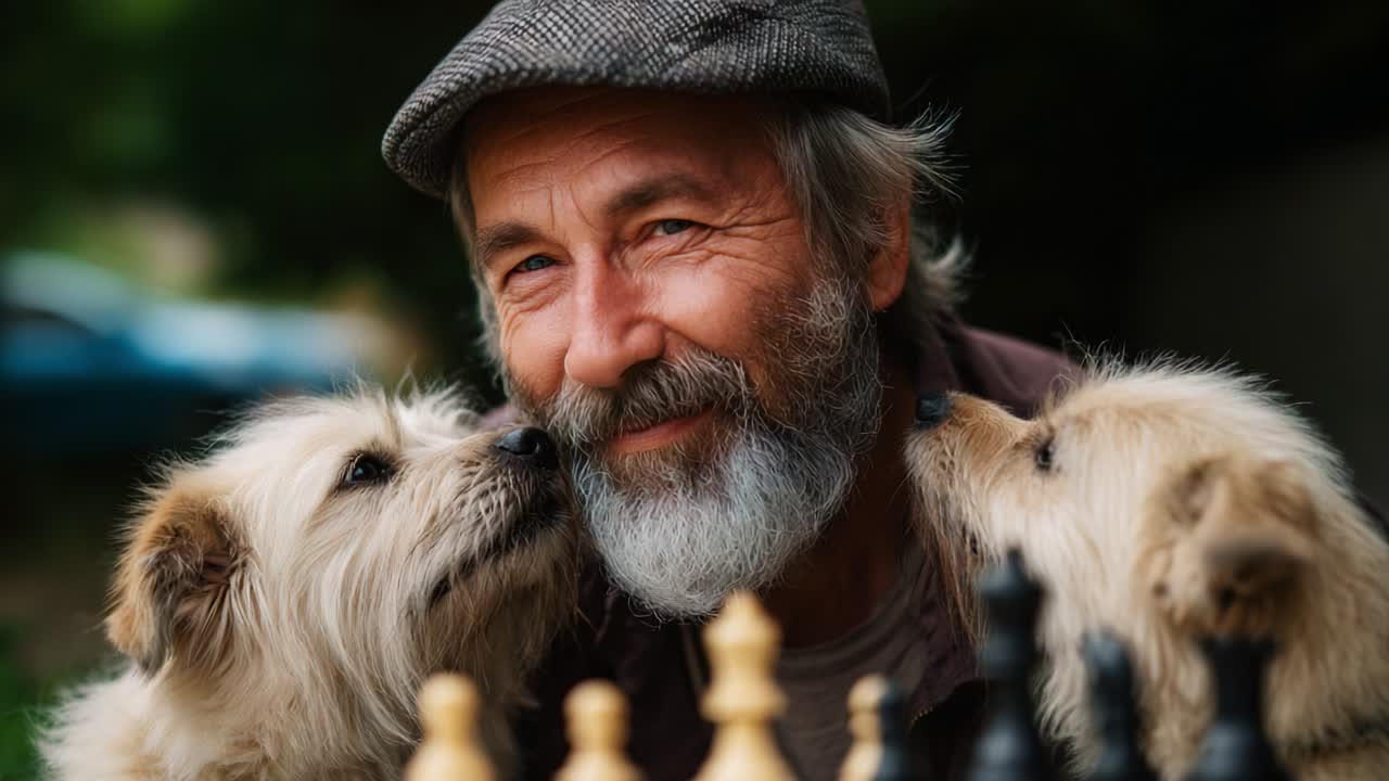 A Joyful Moment of Connection: An Older Man Smiles Happily Surrounded by Two Adorable Dogs While Engaged in a Game of Chess, Capturing Warmth, Companionship, and the Simple Pleasures of Life