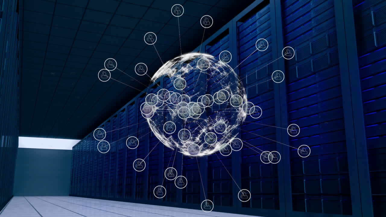 Digital rotating earth with data on a server network room background