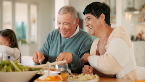 happy senior couple, talk and family dinner