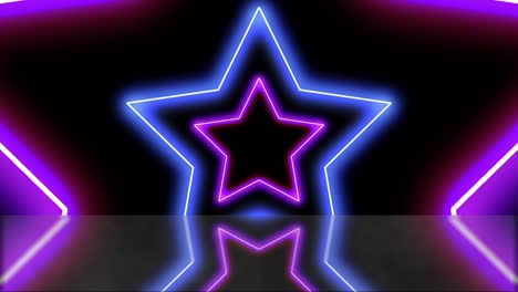 loop of stars neon light frame zoom motion with reflection on stage with copy space. futuristic 3d loop blue pink laser light frame stage seamless loop background