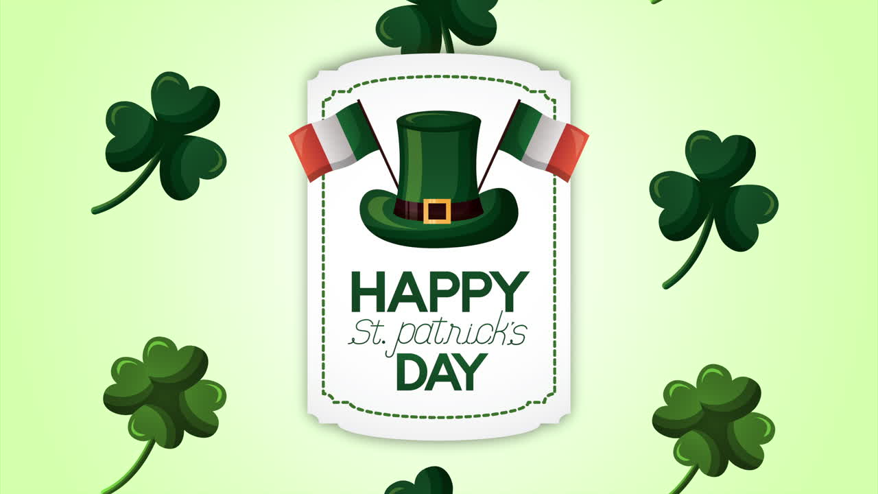 tarjeta animada del día de san patricio con hojas de trébol y sombrero de elfo