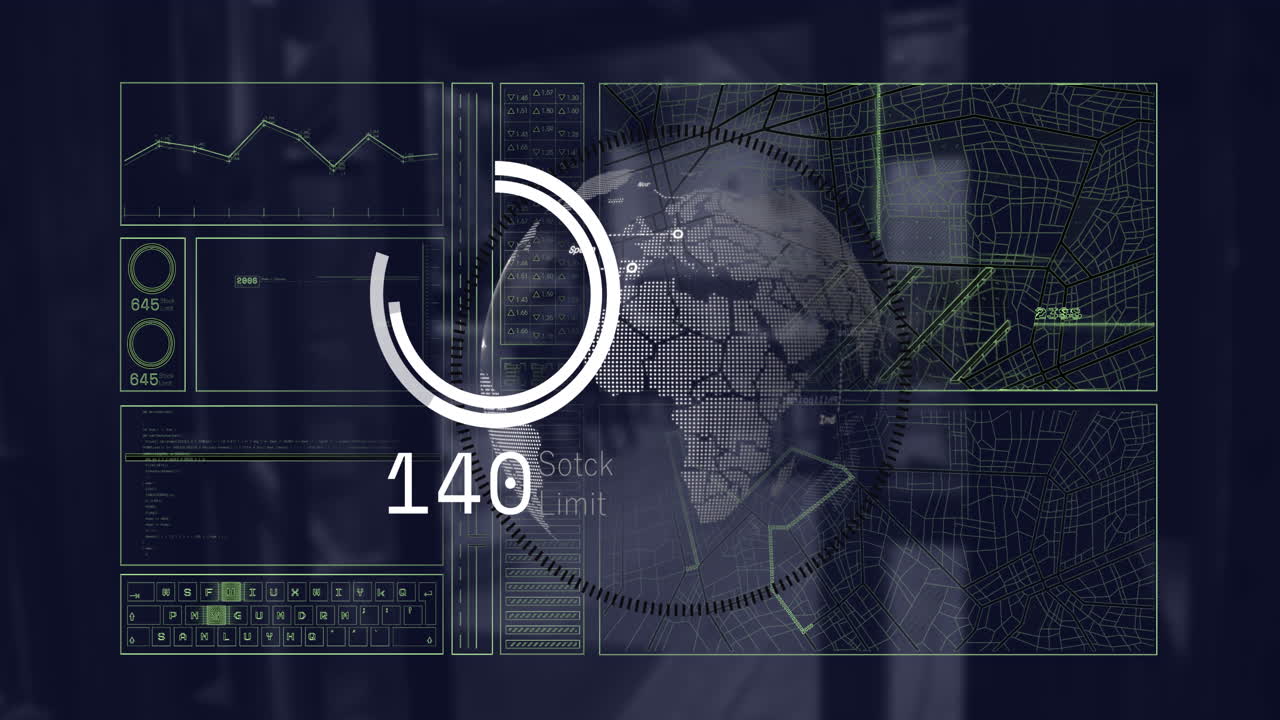 Animation of globe, digital map, circle, number, graphs over coffee shop entrance