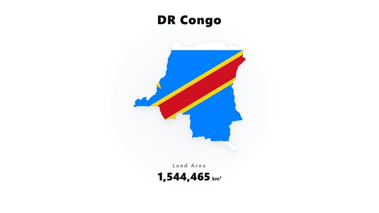 Grafica digitale che mostra la bandiera nazionale della RDCongo insieme alla statistica della superficie totale del paese in un layout informativo pulito