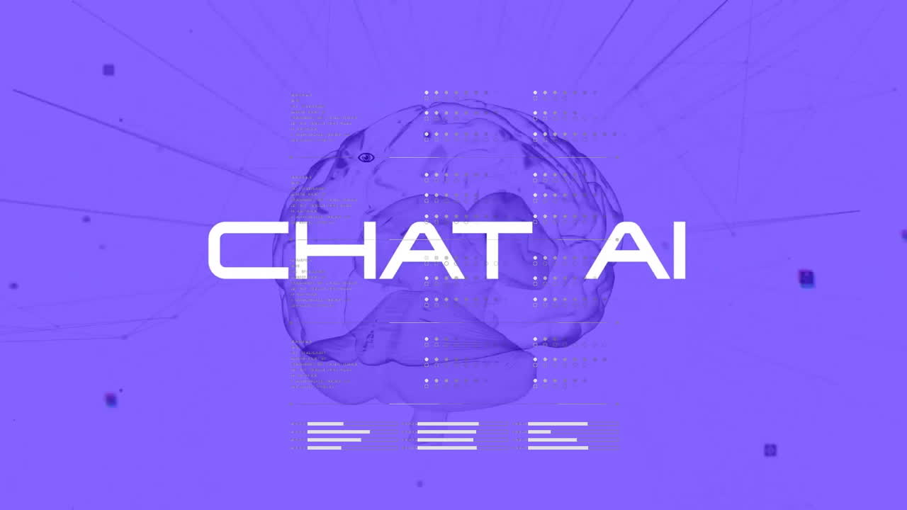 Chat AI text over animated brain and data points on purple background