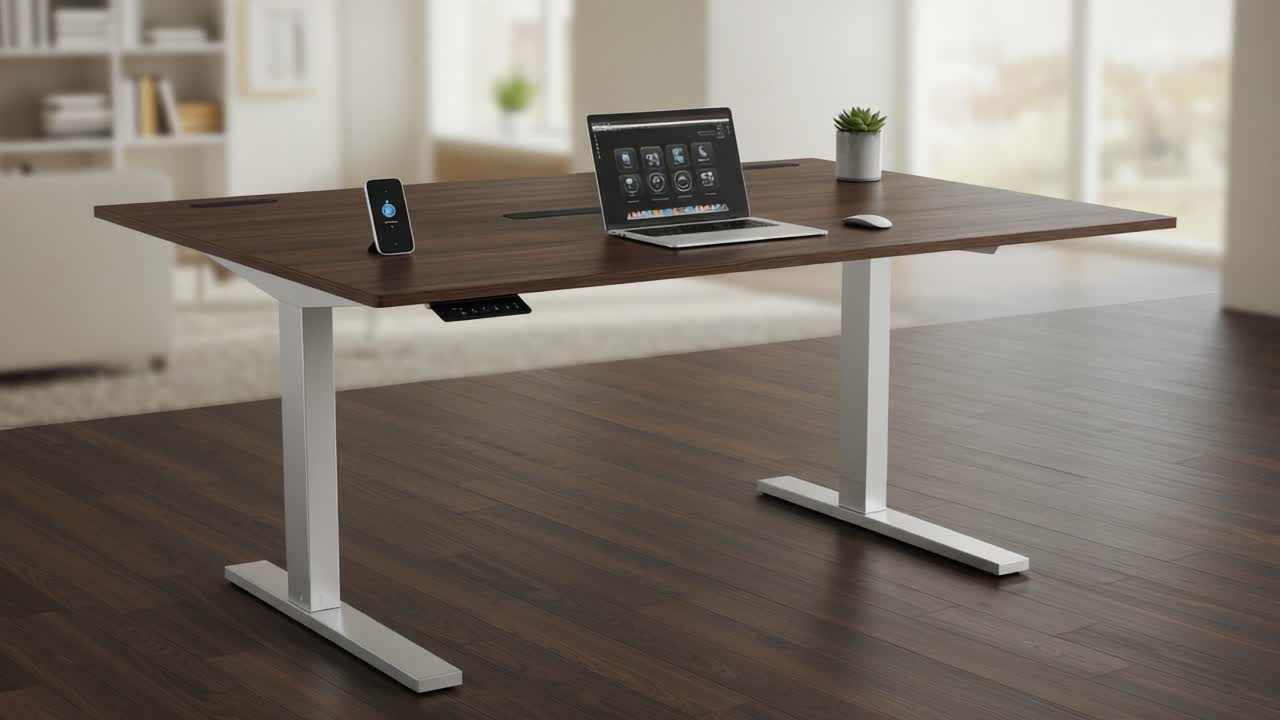 Modern, Ergonomic Workspace Featuring a Sleek Standing Desk, Laptop, Smartphone, and Minimalist Decor in a Bright, Open Indoor Environment