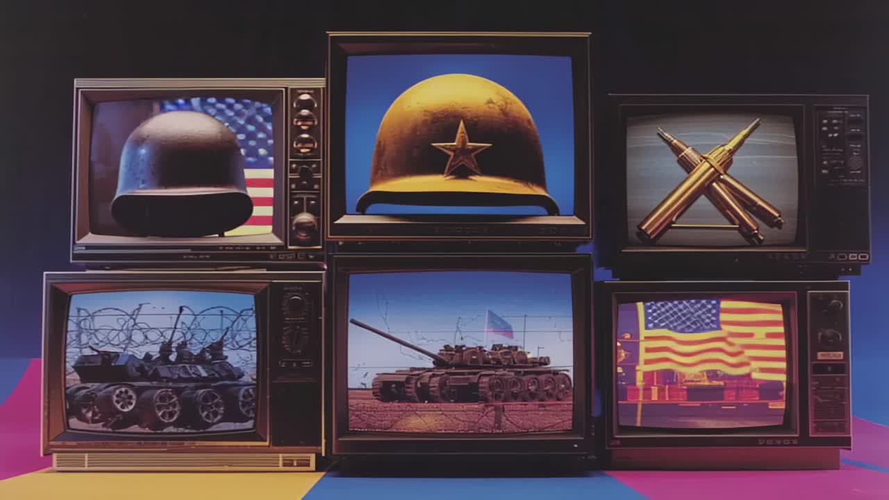 Vintage CRT-tv-apparater staplade i ett rutnät visar militärhjälmar, stridsvagnar, kulor och den amerikanska flaggan, vilket illustrerar krig, propaganda, konfliktrapportering och medieinflytande i retrostil.