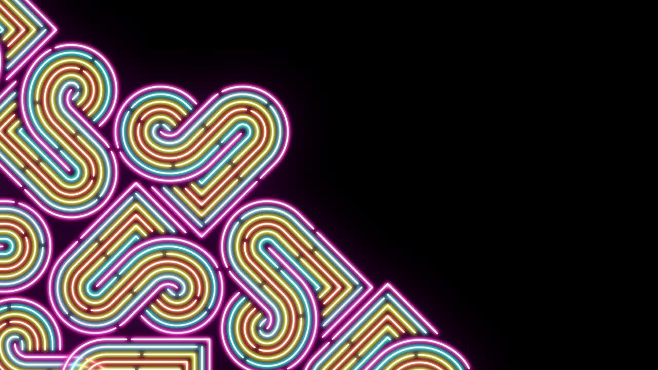 iluminación de línea de guión de corazón de neón patrón móvil colorido, red de tecnología transferencia de datos digitales, diseño conceptual del día de san valentín, brillante en fondo negro animación de bucle sin costuras 4k con espacio