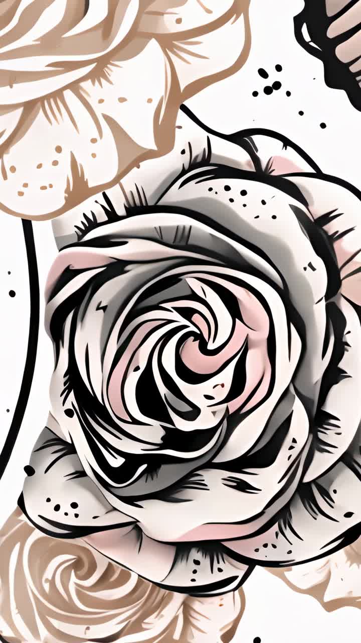 Video verticale: visualizzazione di un'illustrazione di una rosa su sfondo bianco con petalo in alto a sinistra e punti d'inchiostro