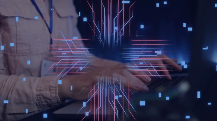 Animation of circuit board with data processing over caucasian woman using laptop