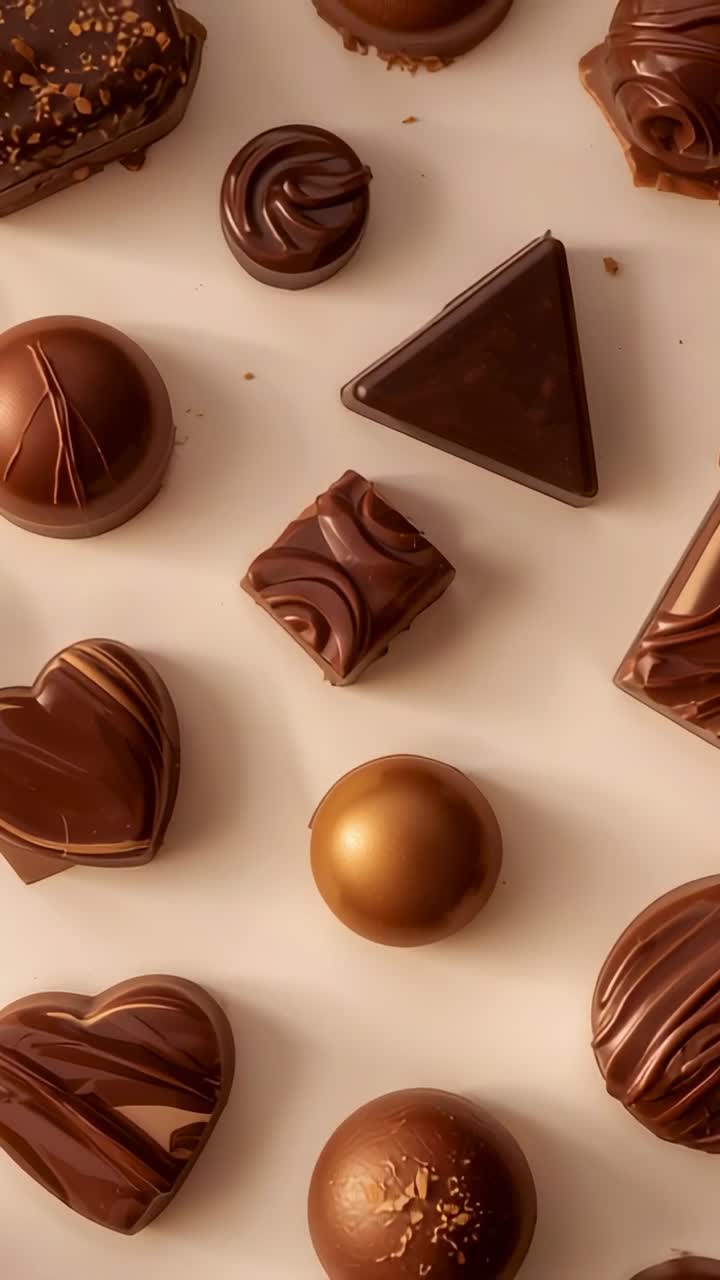 Video verticale: camera che scorre rivelando una varietà di cioccolato in studio, con cioccolino dorato per la pubblicità del prodotto