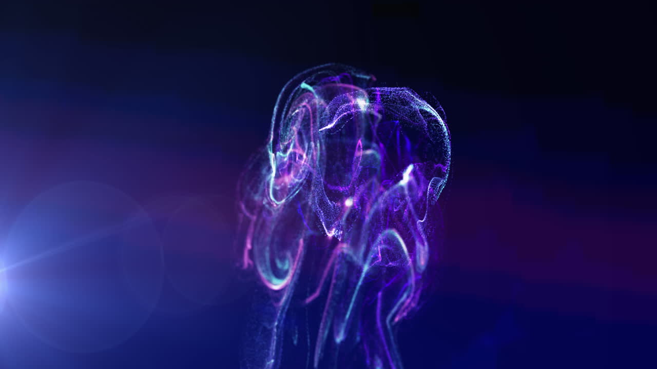 animazione di nuvola di particelle rosa e blu e luce che si muove su sfondo nero